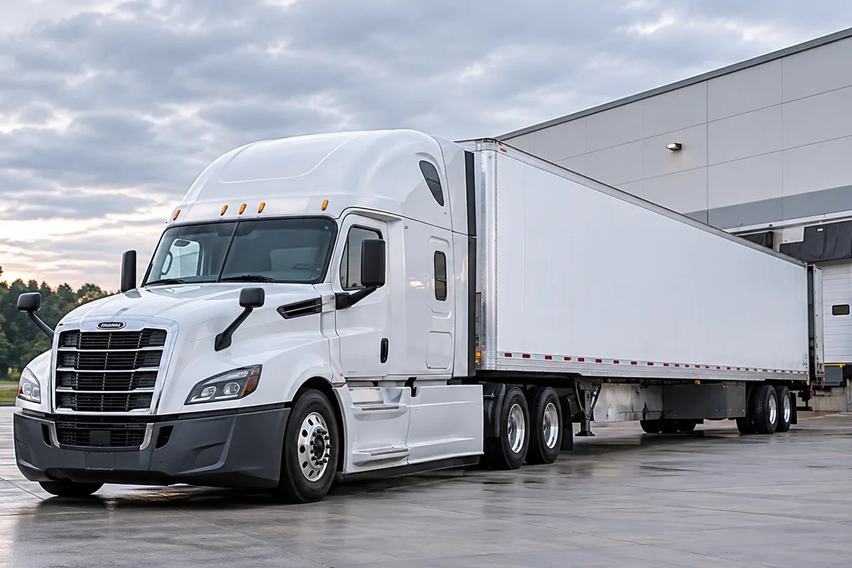 White semi-truck ready for work outside a distribution warehouse